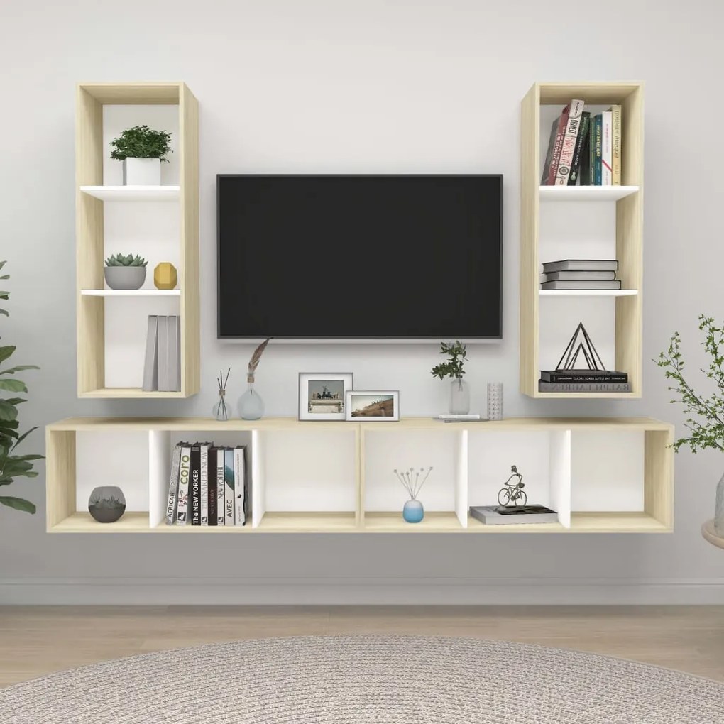 vidaXL Armários de parede p/ TV 4pcs derivados madeira branco/sonoma