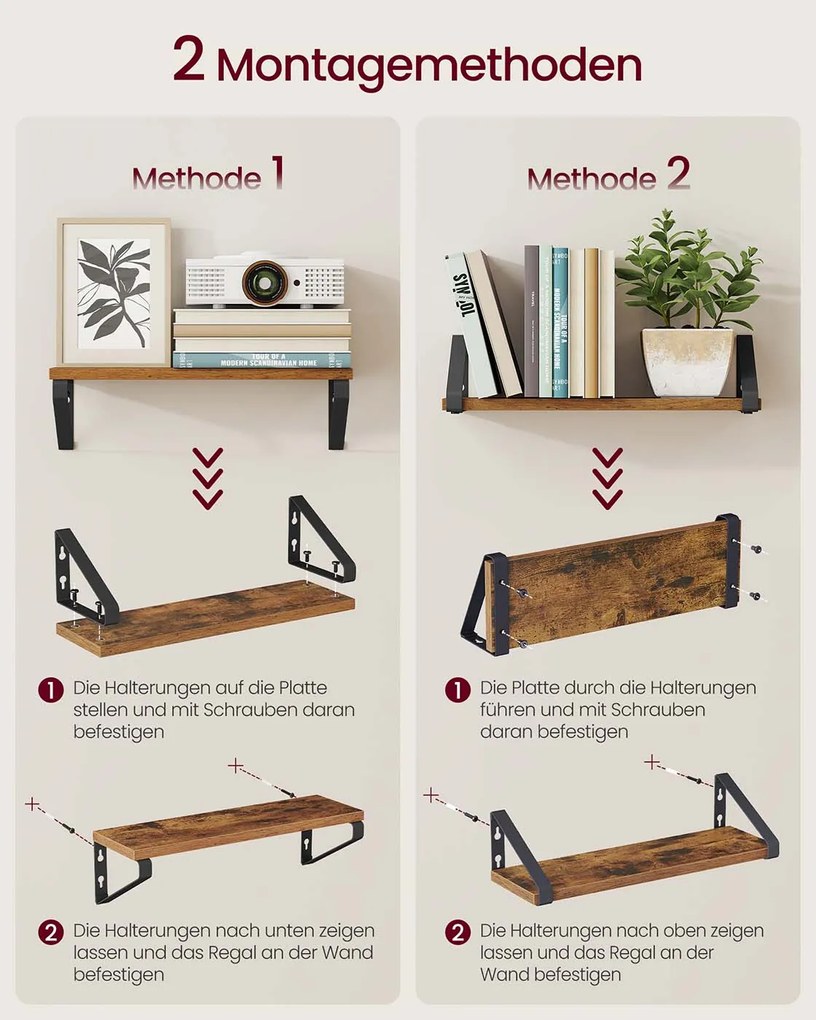 Conjunto de 2 prateleiras de parede 12,7 x 40 x 11,2 cm Castanho vintage + Preto