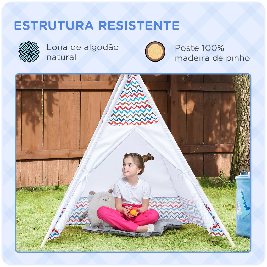 HOMCOM Tenda Tipi para Crianças acima de 3 Anos Tenda Tipi Infantil de Madeira Portátil com Janela para Interiores e Exteriores 120x120x155cm Branco