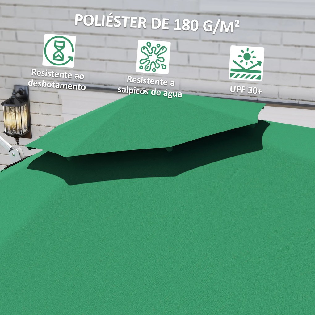 Chapéu de Sol Excêntrico Ø292 cm com Manivela Rotativo 360° Inclinação Ajustável Duplo Teto e Base Cruzada Verde Escuro