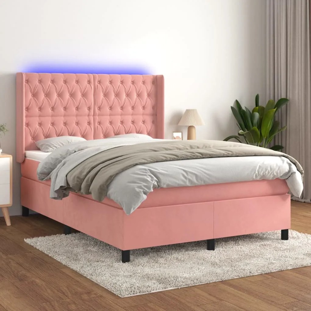 Cama box spring c/ colchão/LED 140x190 cm veludo rosa