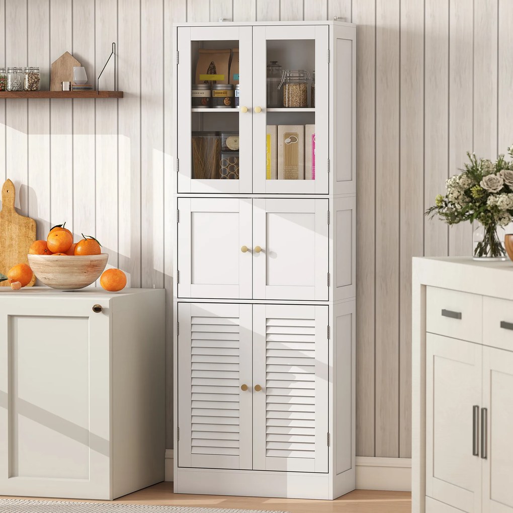 Armário de Casa de Banho Alto com Portas de Vidro Portas de Ripas e Prateleiras Ajustáveis 60x30x170 cm Branco