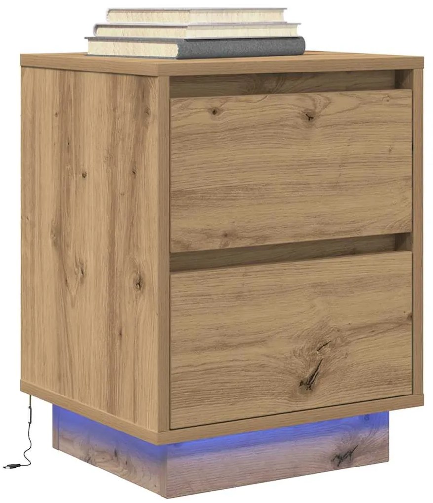 Mesas cabeceira c/ luzes LED 2pcs 38x34x50cm carvalho artesanal