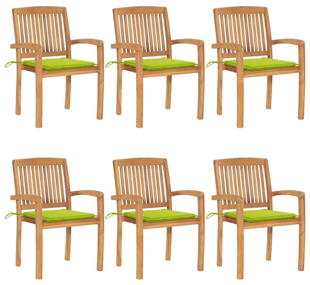 vidaXL Cadeiras de jardim empiháveis c/ almofadões 6 pcs teca maciça