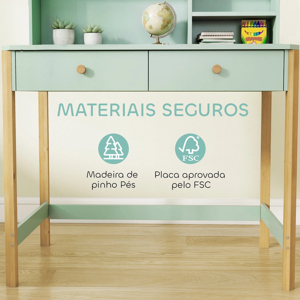 Secretária Infantil (CADEIRA NÃO INCLUIDA) Mesa de Estudo para Crianças com 3 Compartimentos Abertos e 2 Gavetões 90x52x105 cm Verde