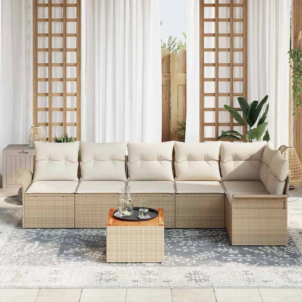 Conjunto de Sofá de Jardim de 7 Peças da com Almofadas Beiges e Madeir