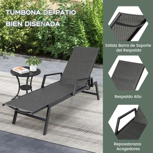 Espreguiçadeira tecido com braços e encosto reclinável em 5 posições, estrutura metálica, castanha