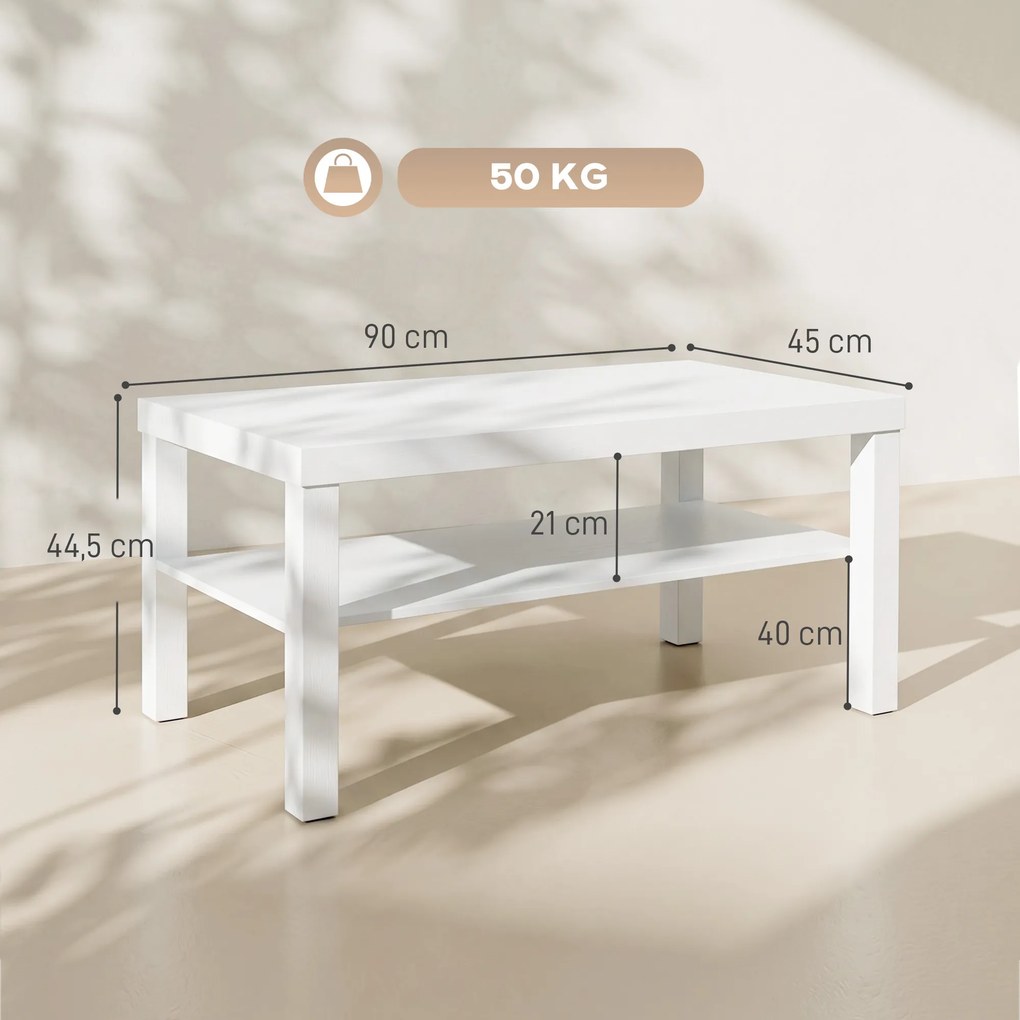 Mesa de Centro Mesa de Café para Sala com Prateleira Aberta Tampo Grosso para Sala Escritório 90x45x44,5 cm Branco