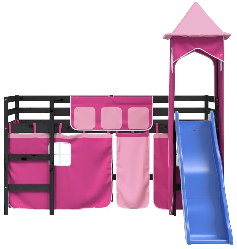 Cama alta para criança com torre 90x190 cm pinho maciço rosa