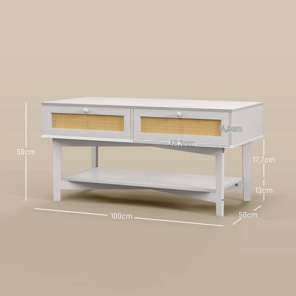 Mesa de Centro com 2 Gavetas Decorativas de Vime e Prateleira Inferior para Sala de Estar Escritório 100x50x50 cm Branco