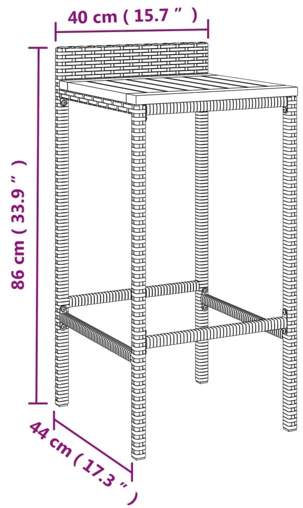 3 pcs conjunto de bar p/ jardim vime PE/acácia maciça preto
