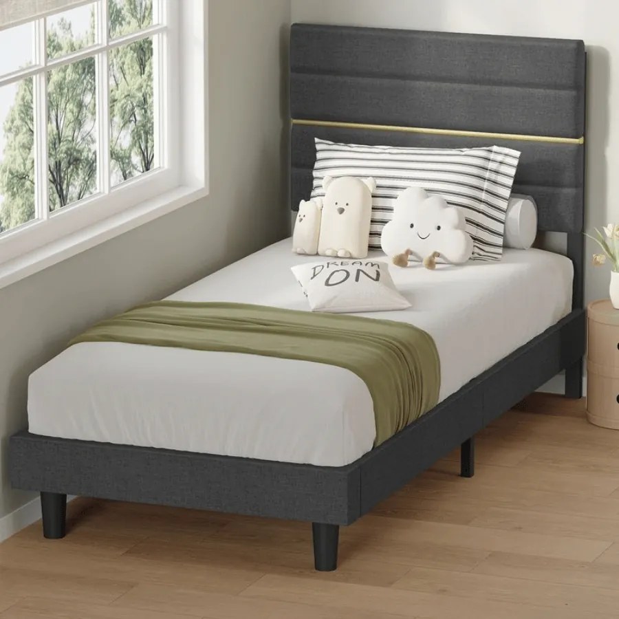 Estrutura de cama moderna 90 x 200 cm (COLCHÃO NÃO INCLUIDO) com cabeceira estofada para quarto cinza ardósia