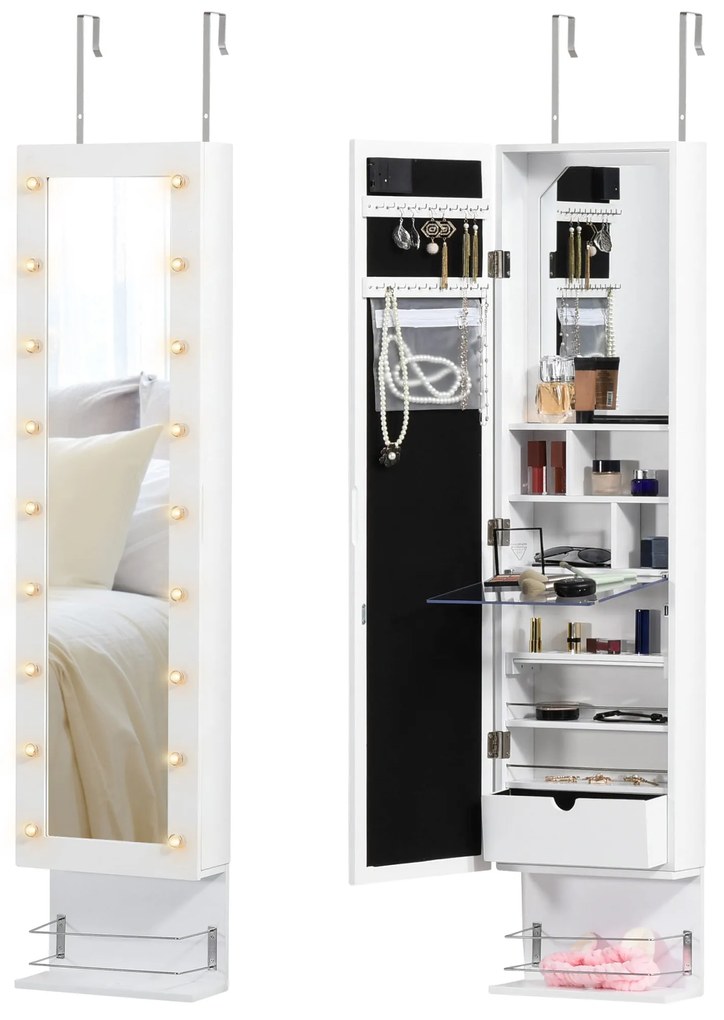 HOMCOM Espelho com Móvel de Bijuterias de Parede ou Porta Armário Guarda Jóias com 18 Luzes LED Altura Ajustável e Prateleira Aberta Organizador de Jóias 31,7x13,4x130cm Branco