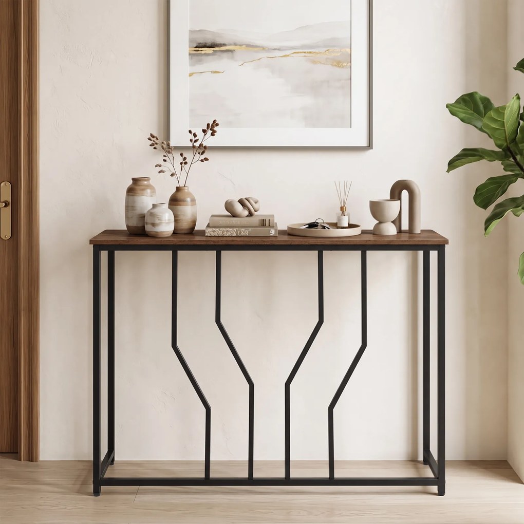 Mesa de Consola Industrial, 110 x 30 x 80 cm, Estrutura Metálica Resistente, Castanho+Preto