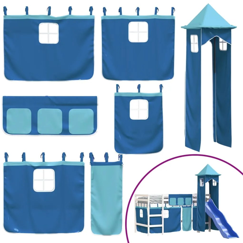Cama alta para criança com torre 90x200 cm pinho maciço azul