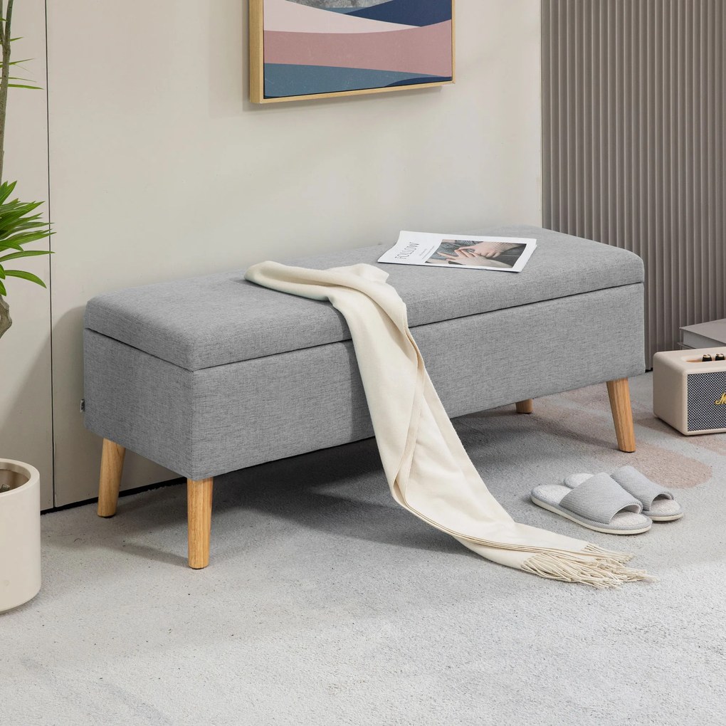 Banco com arrumação estofado com acabamento em linho para quarto, capacidade de 220 kg, 110 x 39 x 45 cm, cinzento