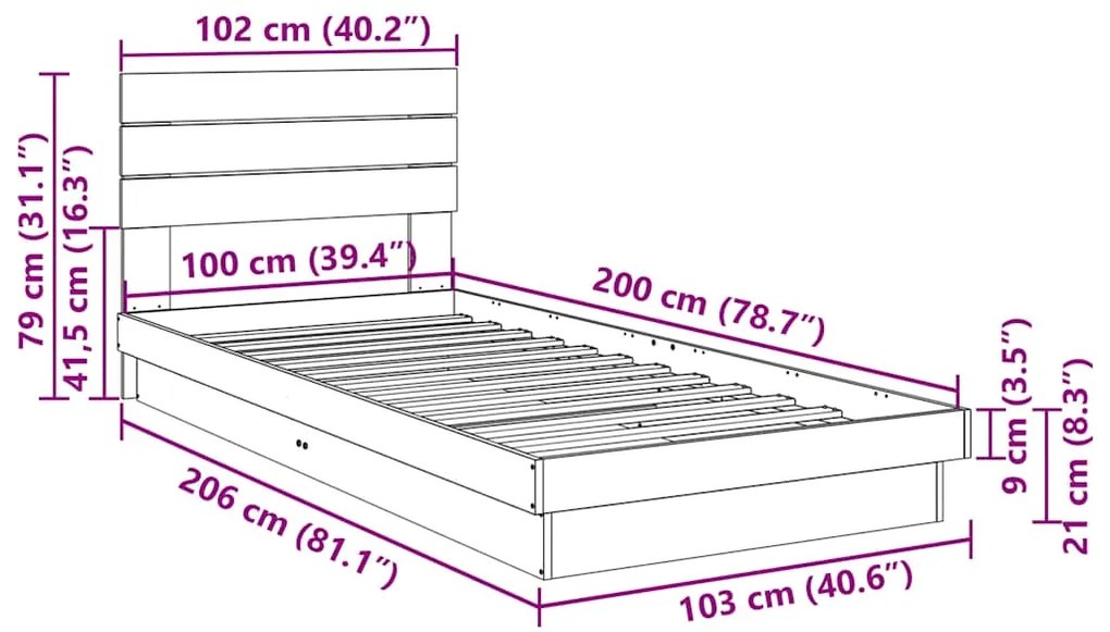 Estrutura cama cabeceira sem colchão 100x200 cm maciça carvalho