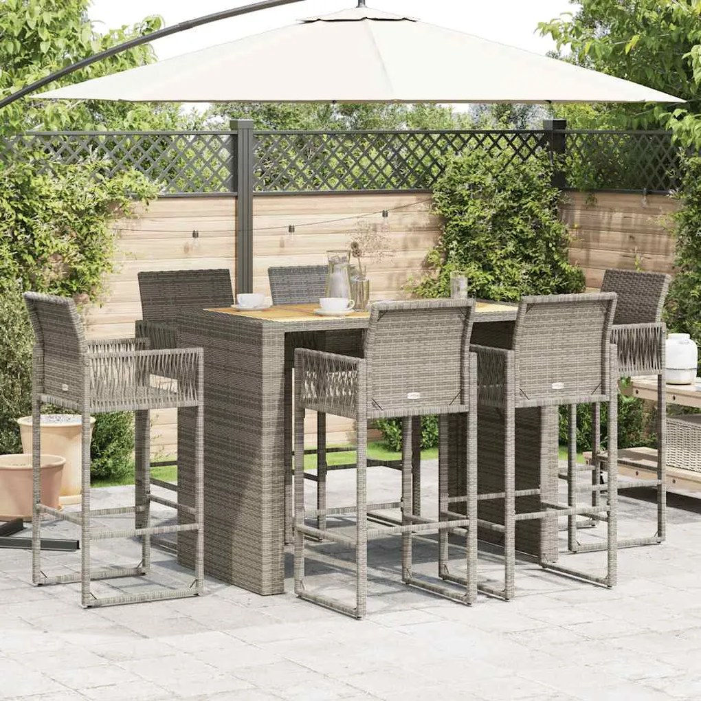 7 pcs conj. bar jardim sem almofadões vime PE/acácia cinzento