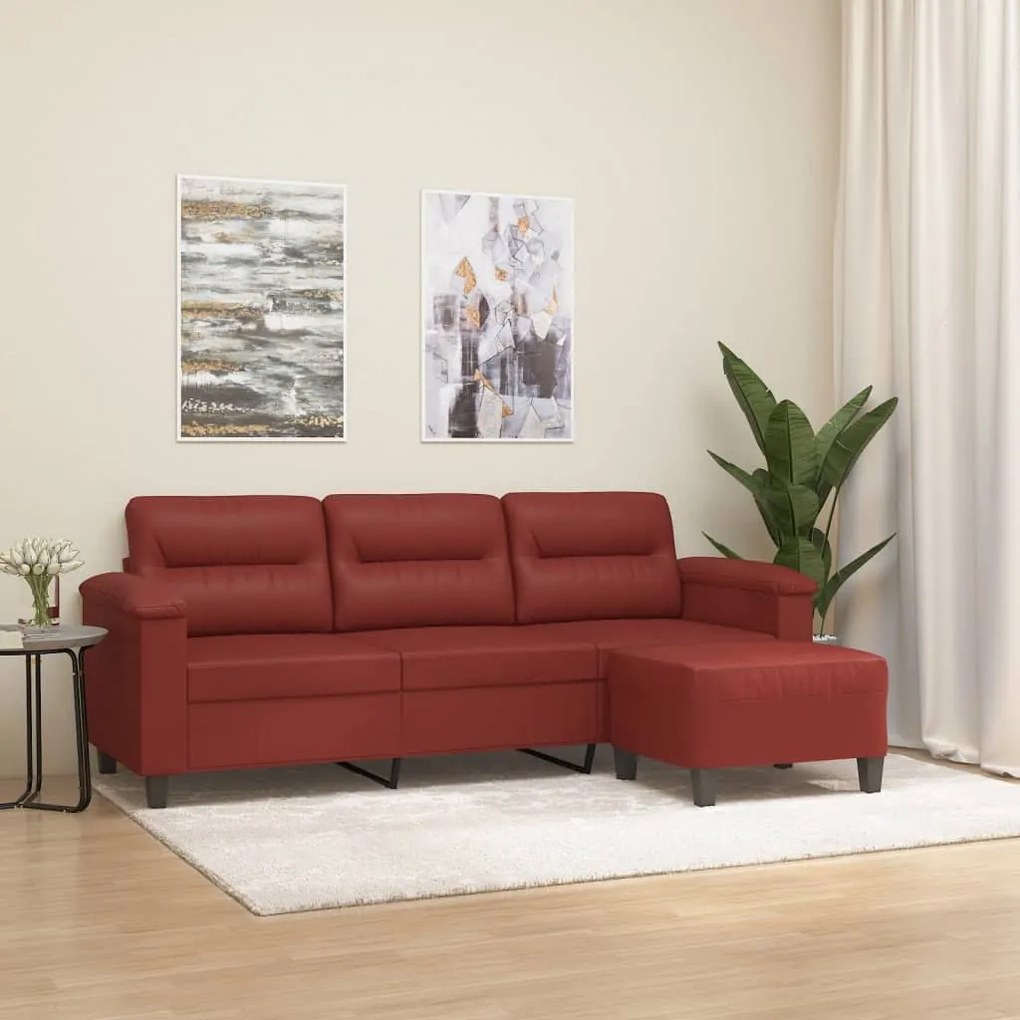Sofá 3 lugares c/ apoio pés 180 cm couro artif. vermelho tinto