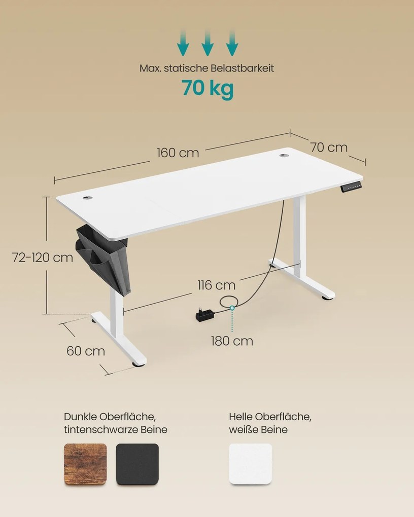Secretária elétrica com regulação elétrica da altura 70 x 160 x (72-120) cm Branca