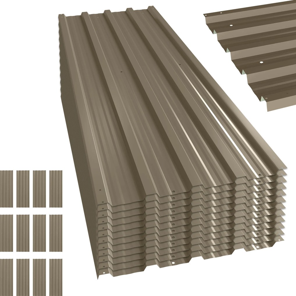 Outsunny Conjunto de 12 Painéis para Telhado de Aço Galvanizado 7 m² para Abrigos e Garagens 129x45 cm Castanho | Aosom Portugal