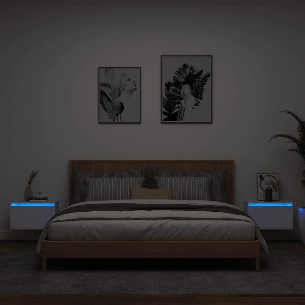 vidaXL Mesas de cabeceira de parede com luzes LED 2 pcs branco