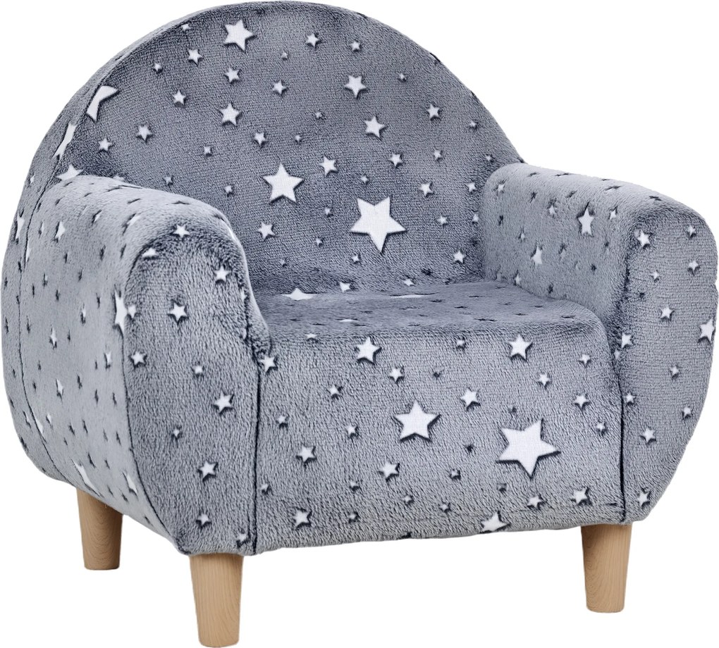 Poltrona infantil fosforescente com padrão de estrelas, tecido de veludo cinzento