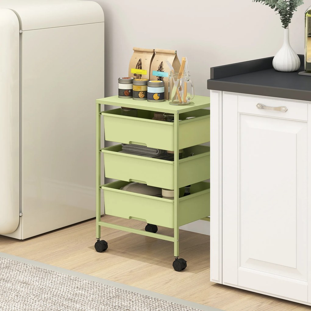 Carrinho Auxiliar com Rodas Carrinho de Cozinha de 3 Níveis com 3 Cestos e Estrutura de Aço 40,8x33,5x60,5 cm Verde