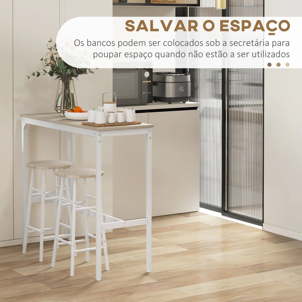 Mesa Alta de cozinha com Bancos Estrutura em Aço Estilo Industrial Mesa Alta para Sala de Jantar Natural e Branca