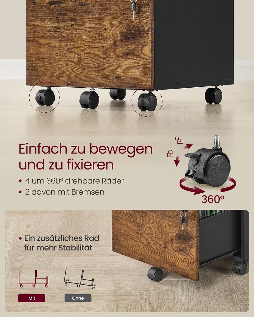 Móvel Arquivo escritório43,8 x 40 x 54,4 cm com 2 gavetas e 5 Rodas Preto e castanho-escuro