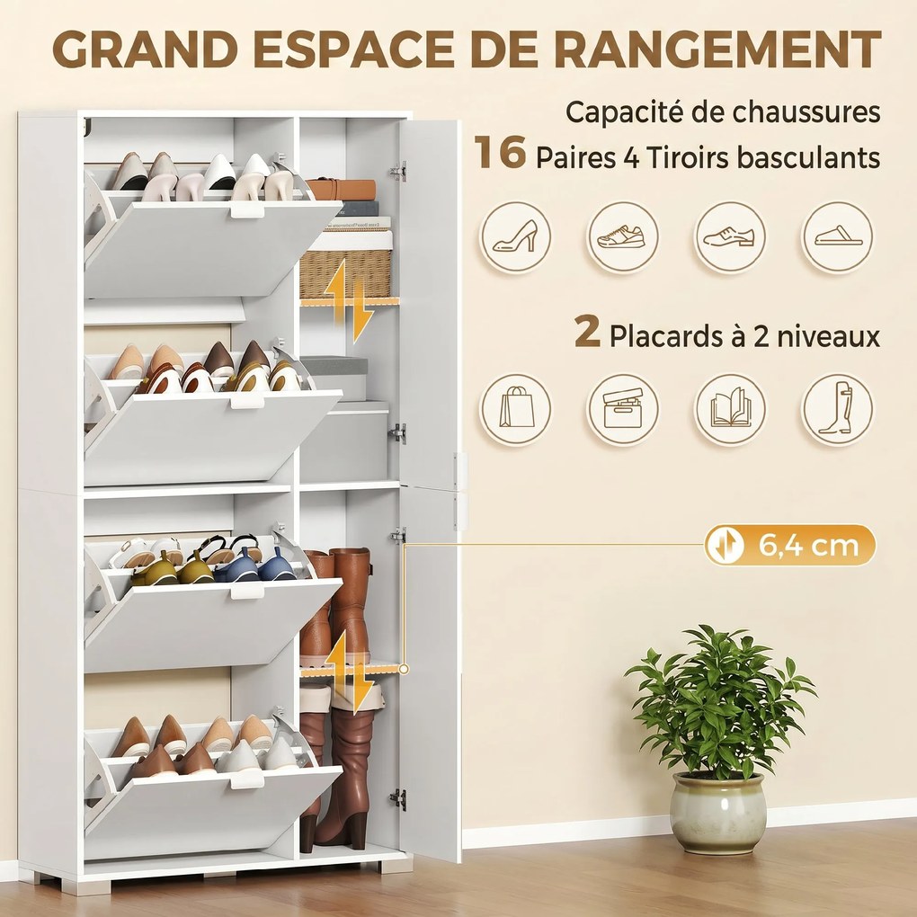 Sapateira, 82 x 30 x 168 cm, 4 Gavetas Basculantes, Branco