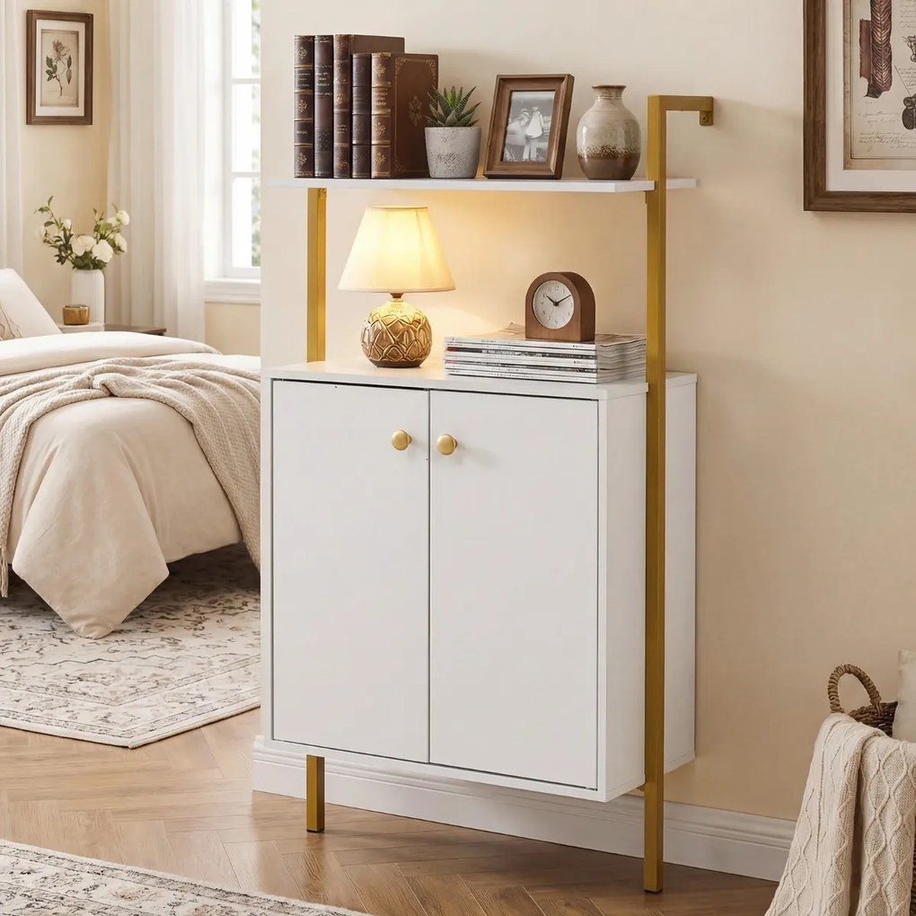 Estante de parede de 4 prateleiras com portas 53 x 29,5 x 96 cm e puxadores dourados para sala, quarto ou escritório Branco + Dourado