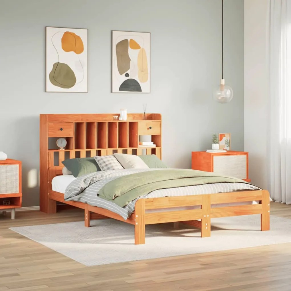vidaXL Cama com estante sem colchão 160x200 cm pinho maciço