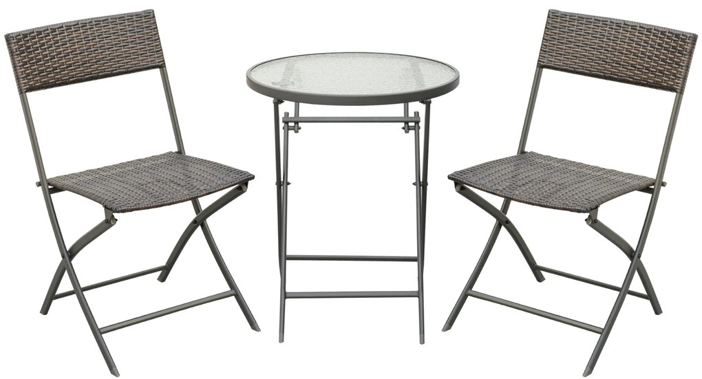 Conjunto de Mesa e 2 Cadeiras Móveis Ratan para Jardim Dobrável Estrutura Aço - 61x46x84cm Castanho