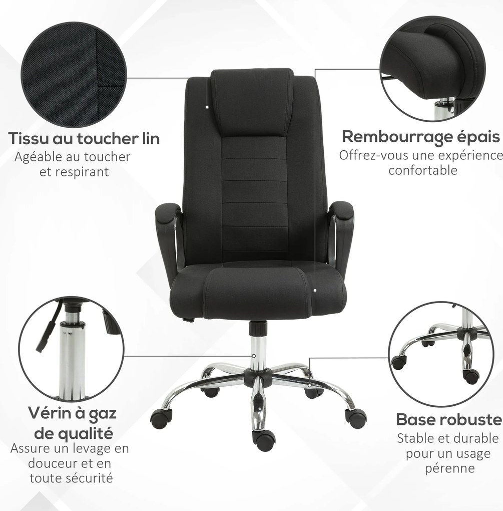 Cadeira de escritório com rodas, cadeira de direção ergonómica giratória com altura ajustável, linho preto