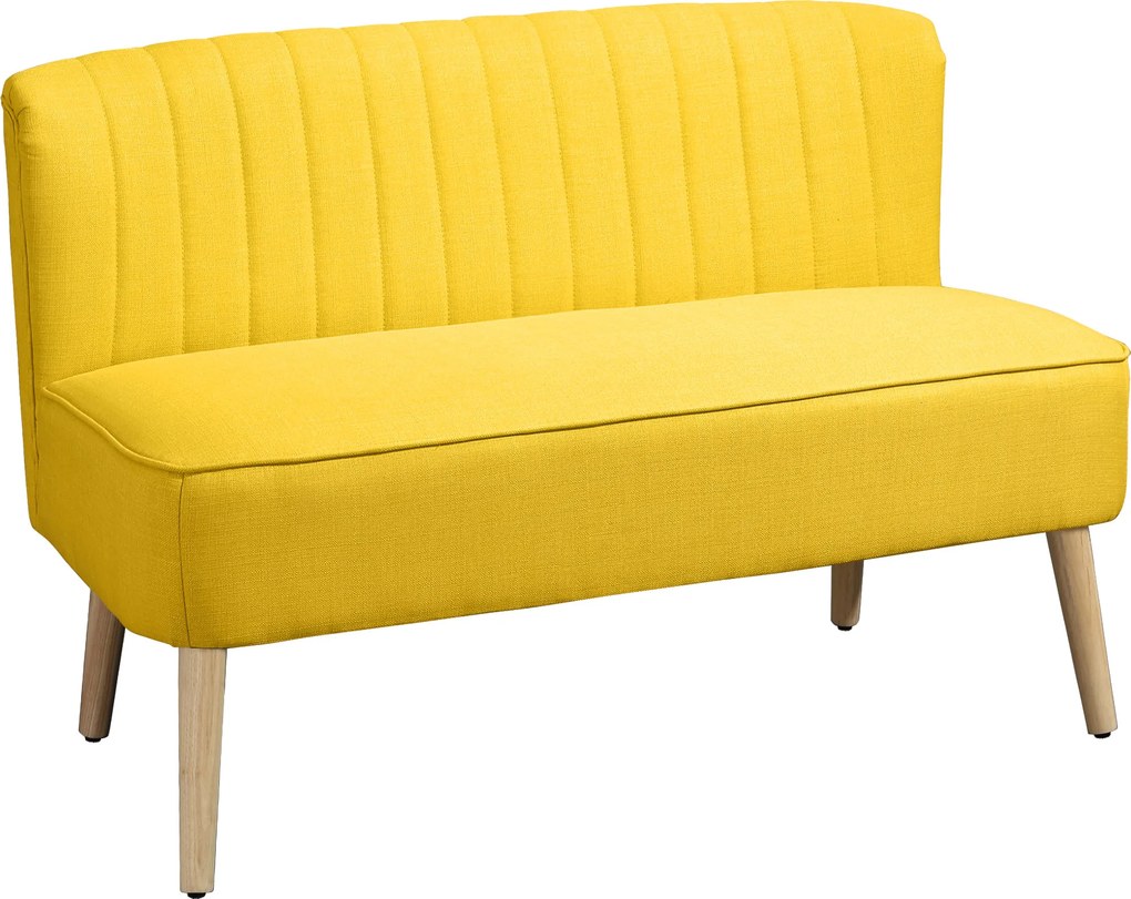 HOMCOM Sofá 2 Lugares em Tecido Efeito Linho Sem Braços com Pés em Madeira, 117x56.5x77 cm, Amarelo | Aosom Portugal