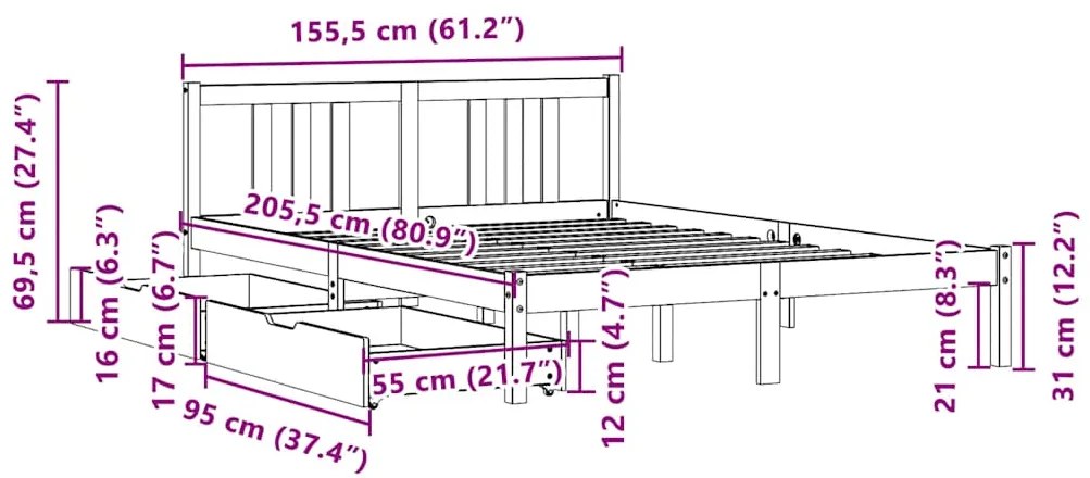 Cama sem colchão 150x200 cm madeira de pinho maciça branco