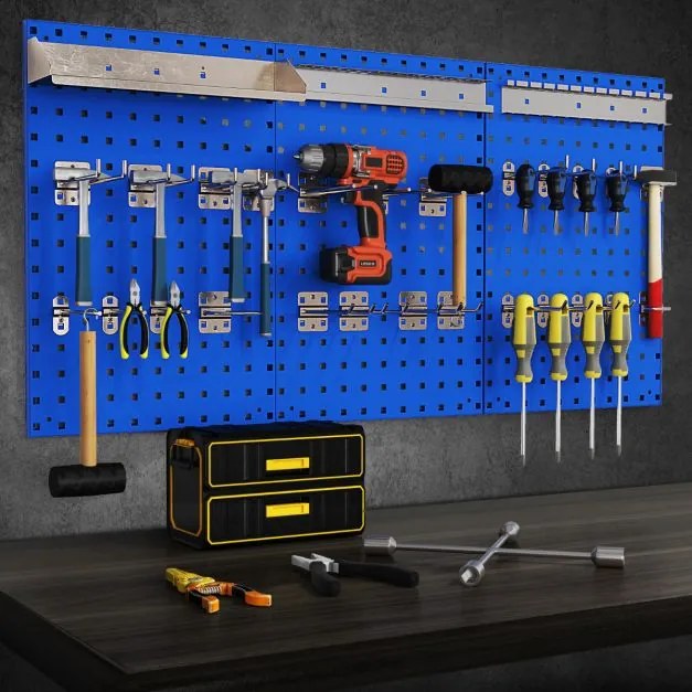 Kit de organização de ferramentas com 3 tábuas e 28 acessórios para garagem e oficina Azul