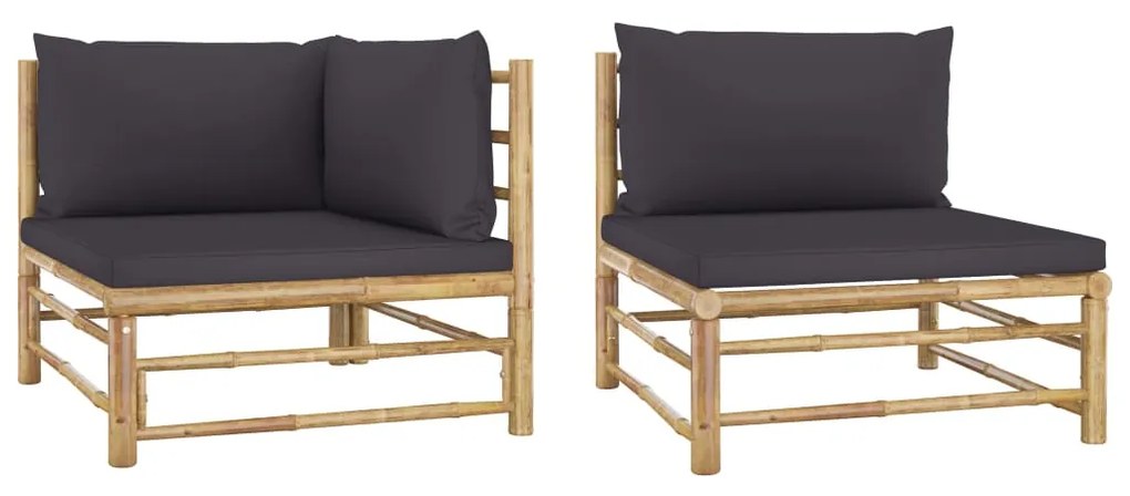 vidaXL 2 pcs conj. lounge jardim em bambu c/ almofadões cinza-escuro