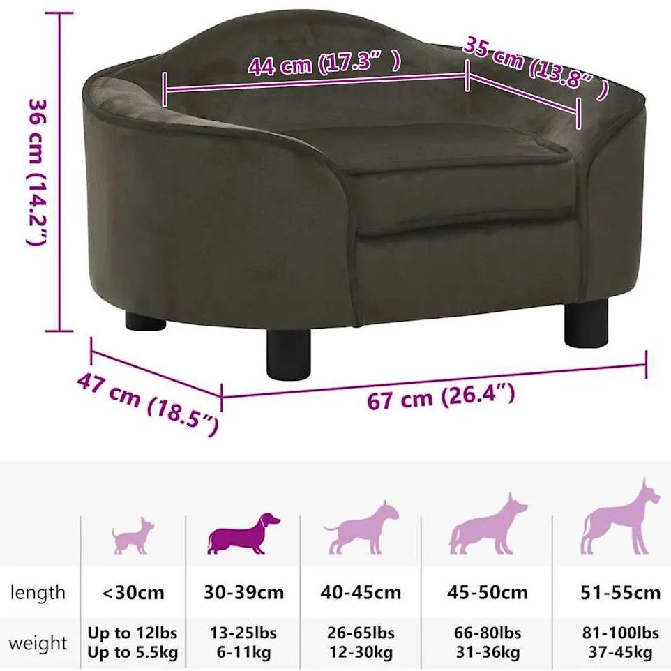 Sofá para cães 67x47x36 cm pelúcia cinzento-escuro