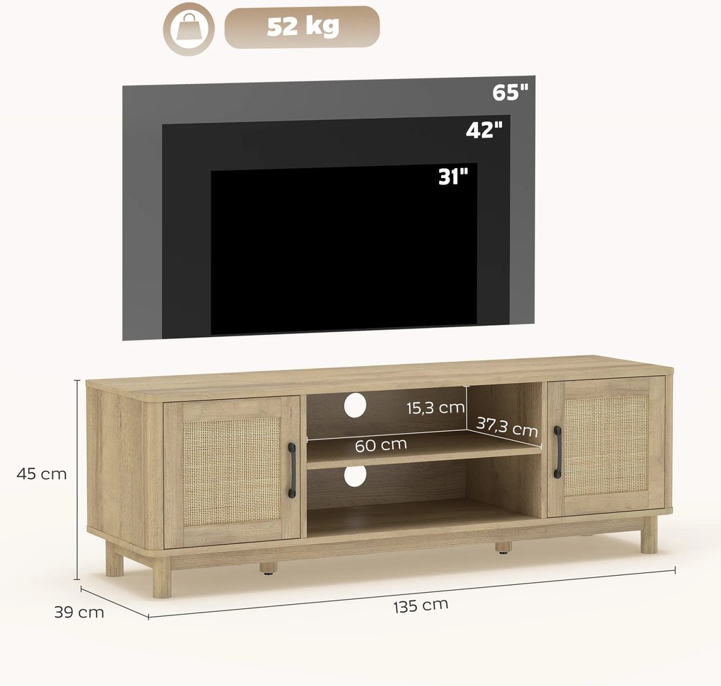 Móvel de TV 135 x 39 x 45 cm, móvel para televisores até 65 polegadas com 2 portas em rattan, 2 compartimentos abertos, cor carvalho