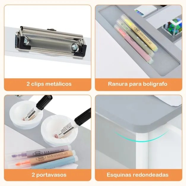Conjunto de mesa e banco de arte para crianças com cavalete ajustável de dupla face, quadro magnético e rolos de papel substituíveis Branco e cinzento