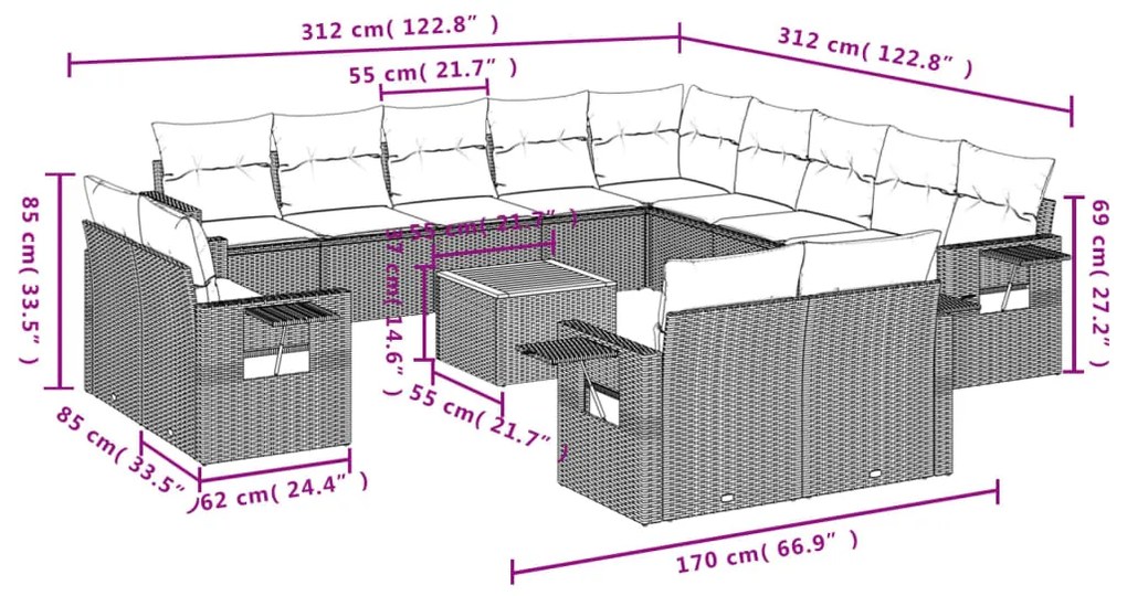 14 pcs conjunto de sofás p/ jardim com almofadões vime PE bege