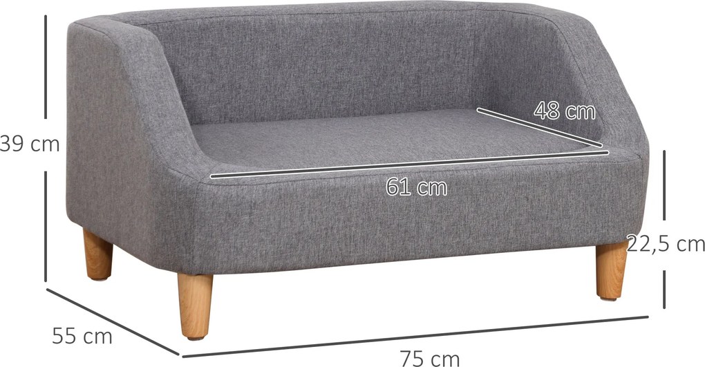 Sofá para cães, cama para cães, animal de estimação, estilo escandinavo, pés de madeira, estofo em tecido com capa removível, 75 x 55 x 39 cm - cinzen
