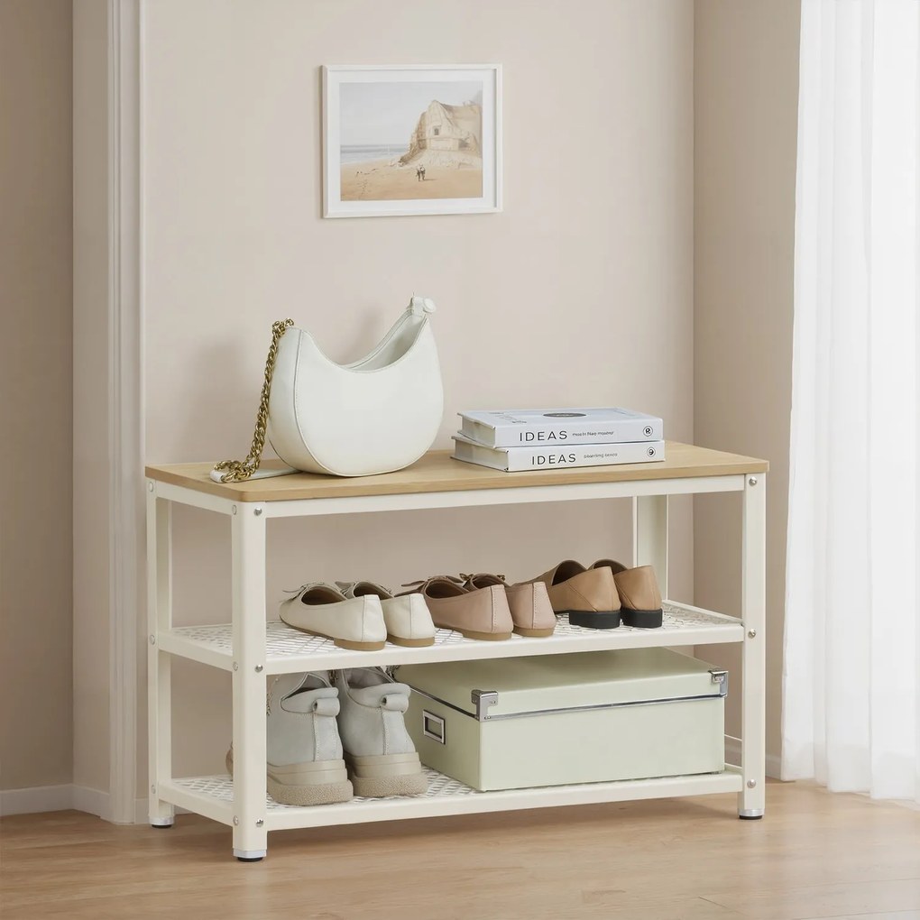 Banco para sapatos com 2 prateleiras em rede, sapateira, 30 x 73 x 45 cm Bege-branco