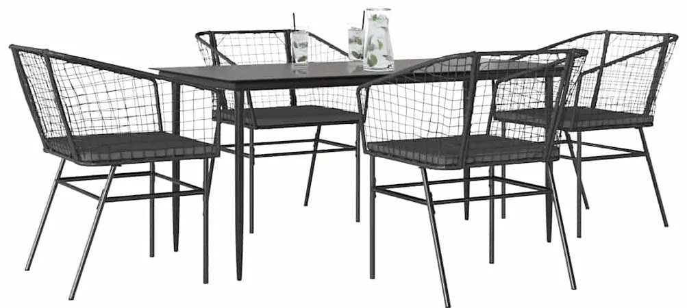 Conjunto de jantar jardim 5 peças almofadas vidro vime PE preto