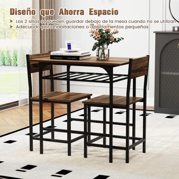Conjunto de mesa de jantar com 2 cadeiras com prateleira aberta, estrutura metálica castanho