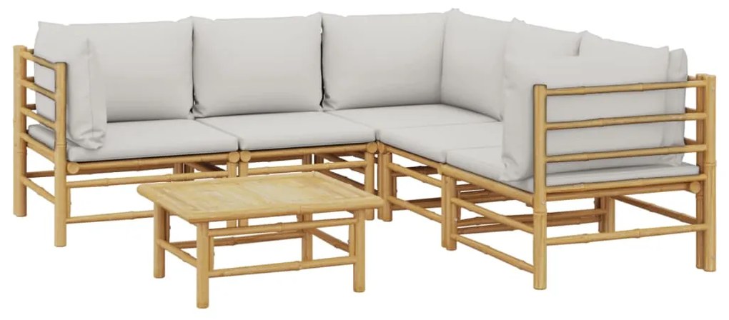 6 pcs conj. lounge de jardim bambu c/ almofadões cinzento-claro