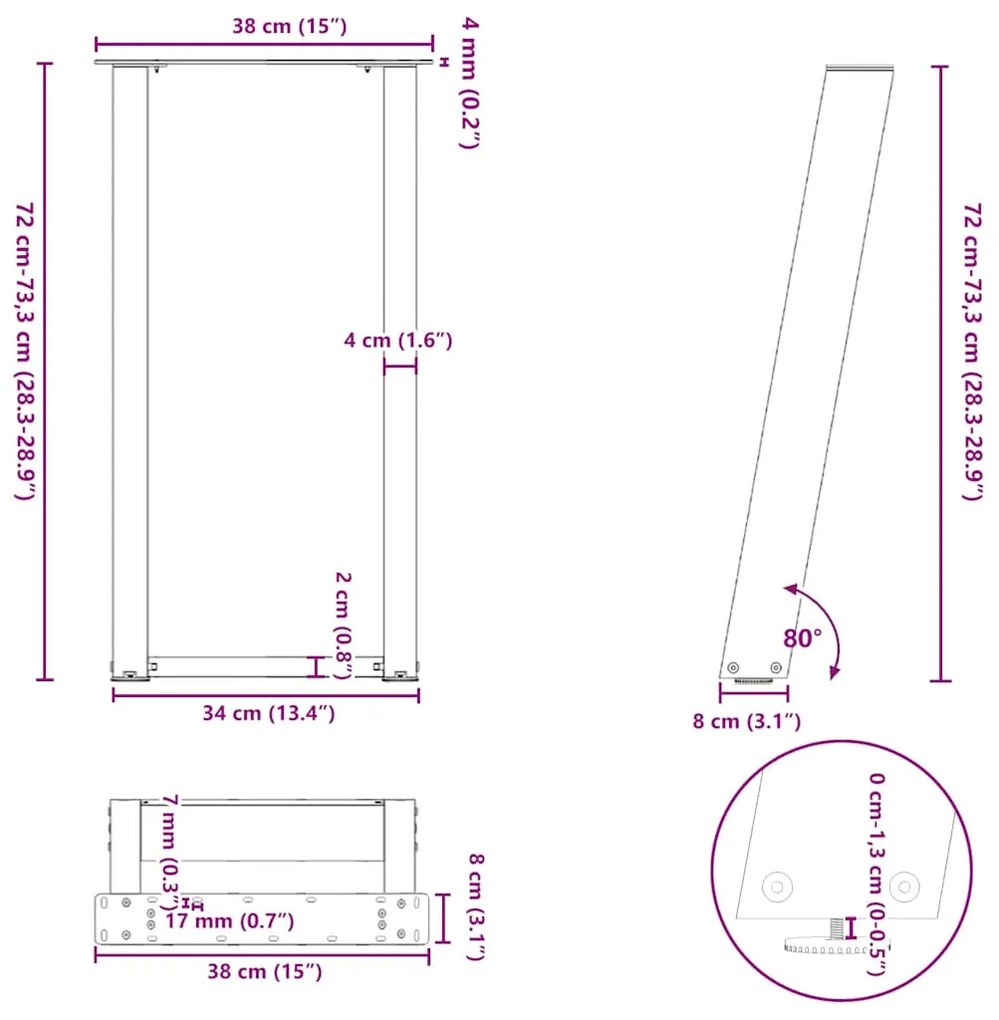 Pés de mesa de console em forma de U, 2 peças, preto, 38x(72-73) cm, a
