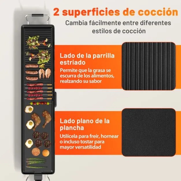 Grelhador elétrico Grelha com 2 superfícies de cozedura Termostato de 4 níveis 116,5 x 24 x 10,5 cm Preto